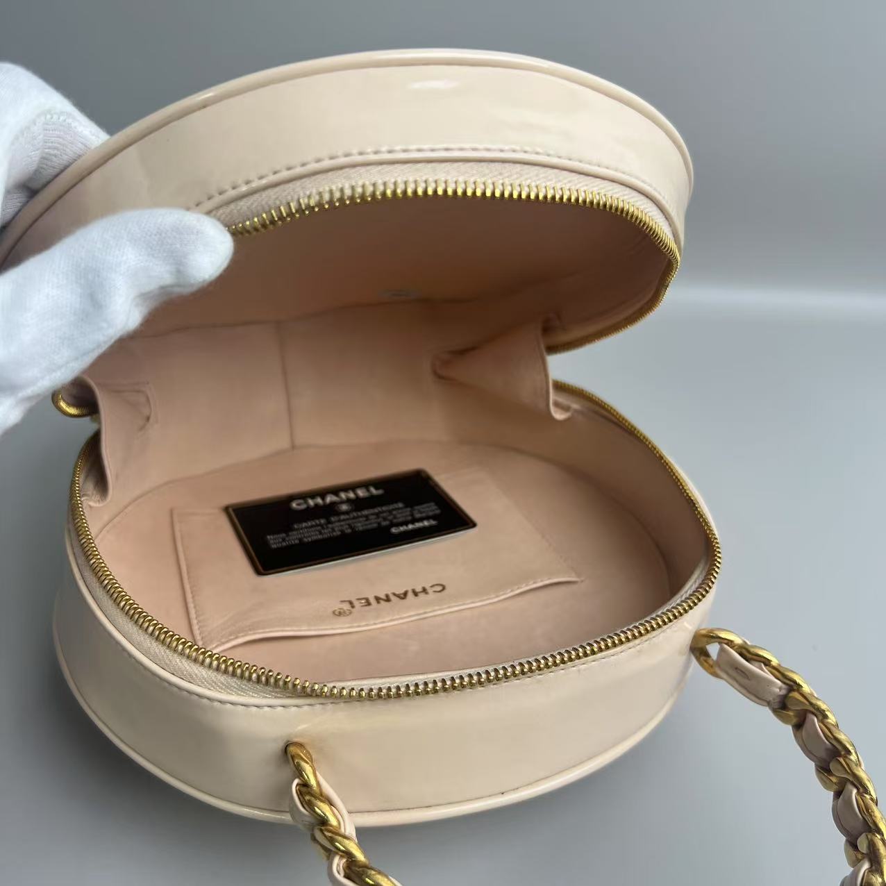 Chanel Vintage Round Top Handle Vanity Case Quilted Patent