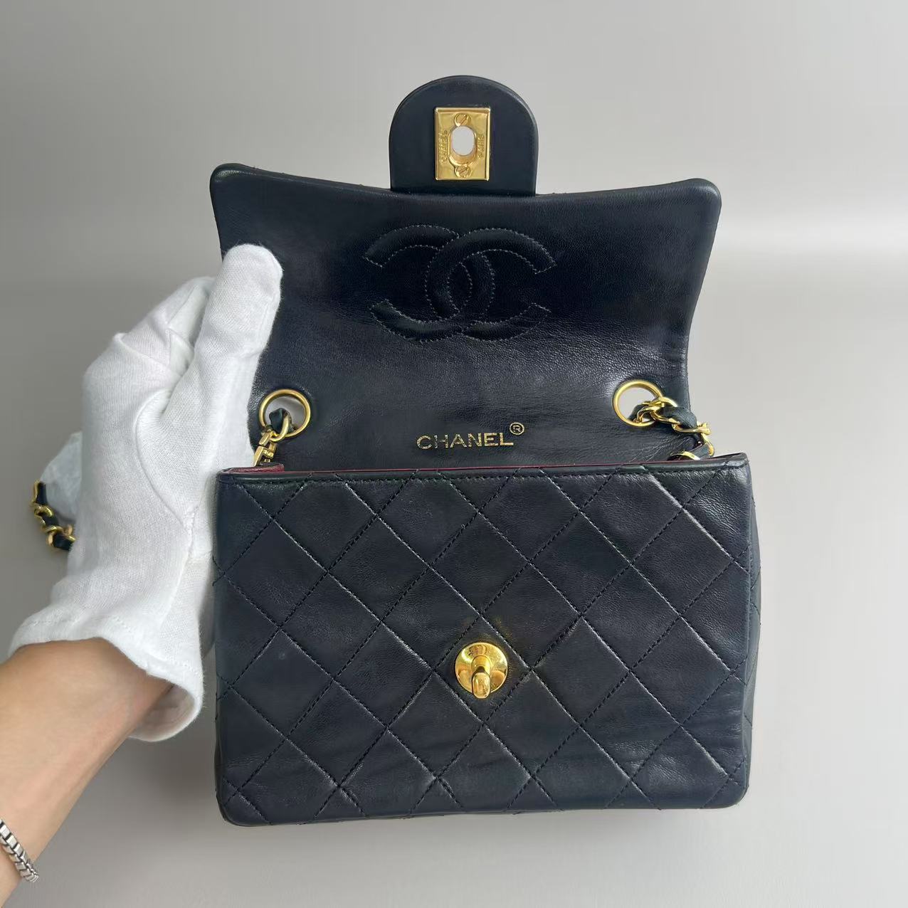 Chanel Flap Vintage Bag Mini Square Black Lambskin Gold
