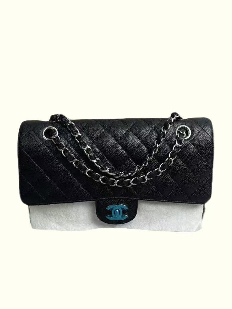 Chanel Classic Double Flap25 Quilted Caviar Silver-tone  Black