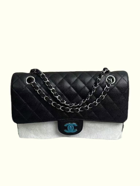 Chanel Classic Double Flap25 Quilted Caviar Silver-tone  Black