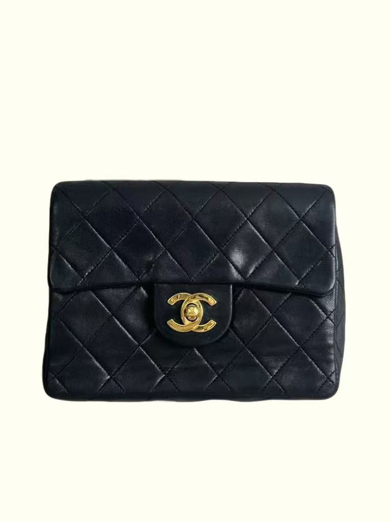 Chanel Flap Vintage Bag Mini Square Black Lambskin Gold