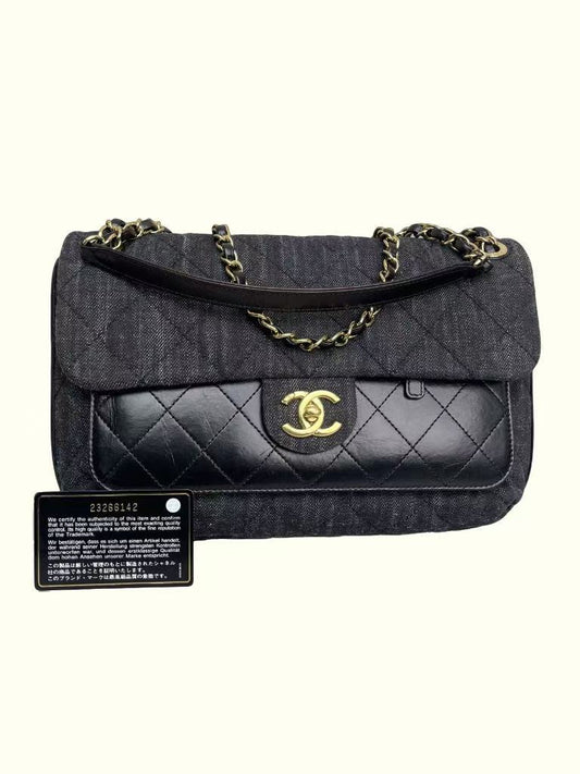 香奈儿前袋翻盖包绗缝牛仔布配小牛皮中号