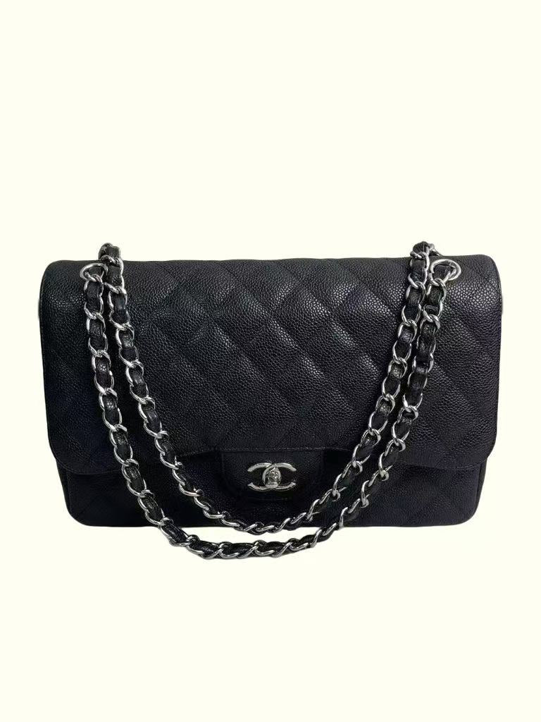 Chanel Classic Double FlapQuilted Caviar Silver-tone jumbo Black