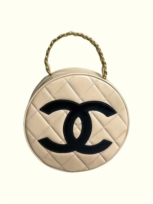 Chanel Vintage Round Top Handle Vanity Case Quilted Patent