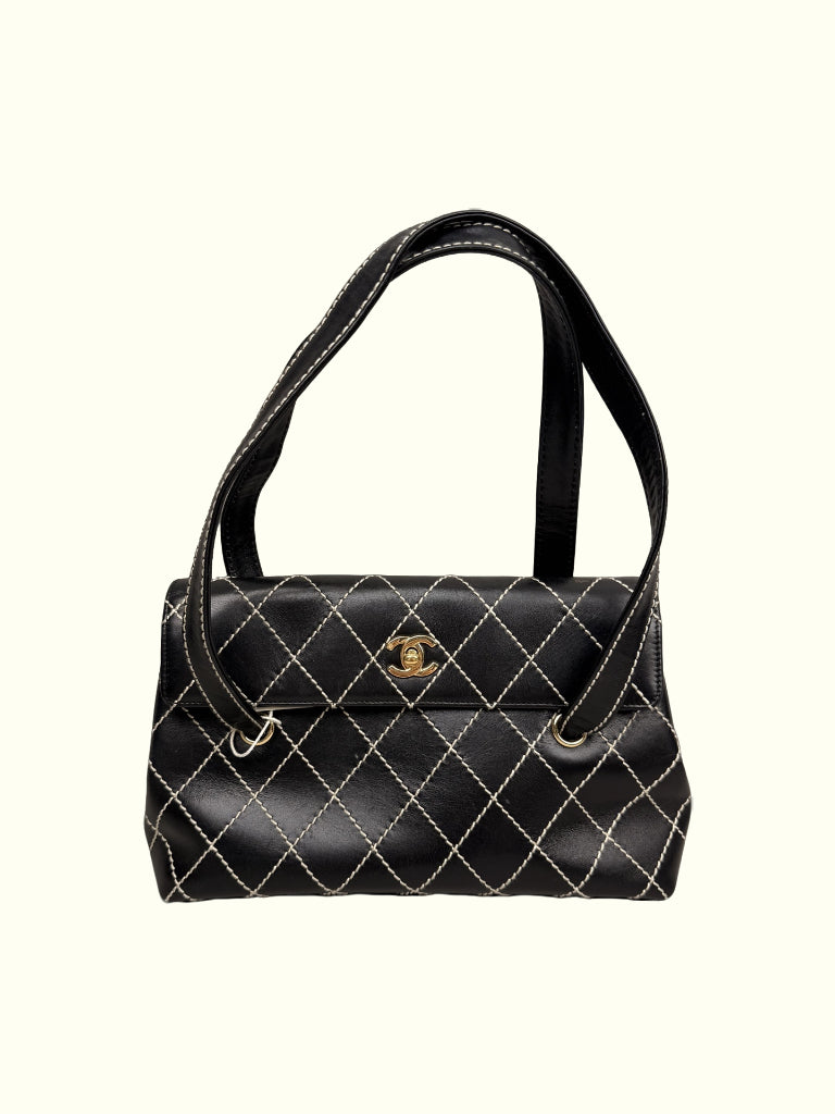 Black Quilted Calfskin Wild Stitch Surpique Flap Bag Vintage