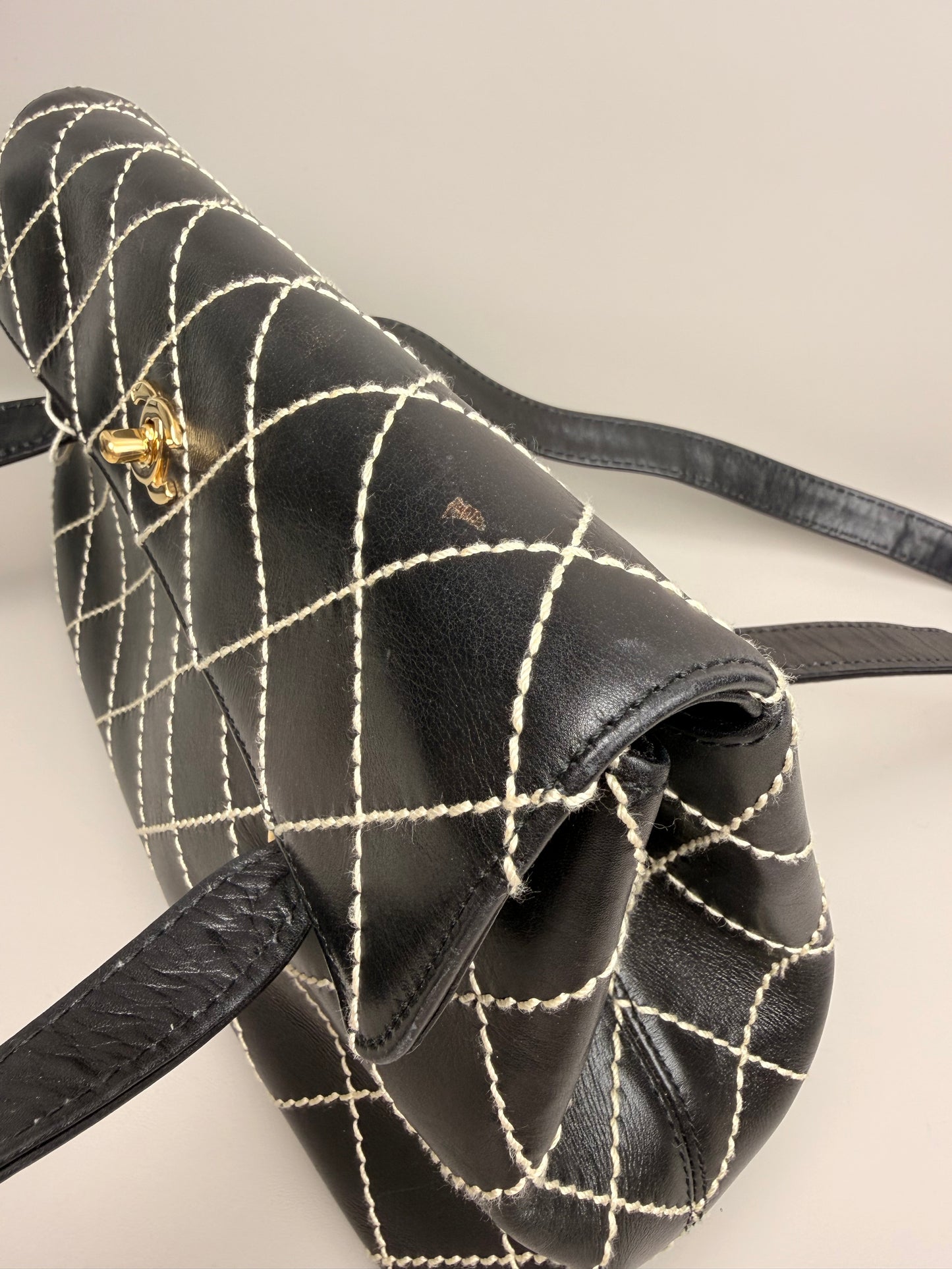 Black Quilted Calfskin Wild Stitch Surpique Flap Bag Vintage