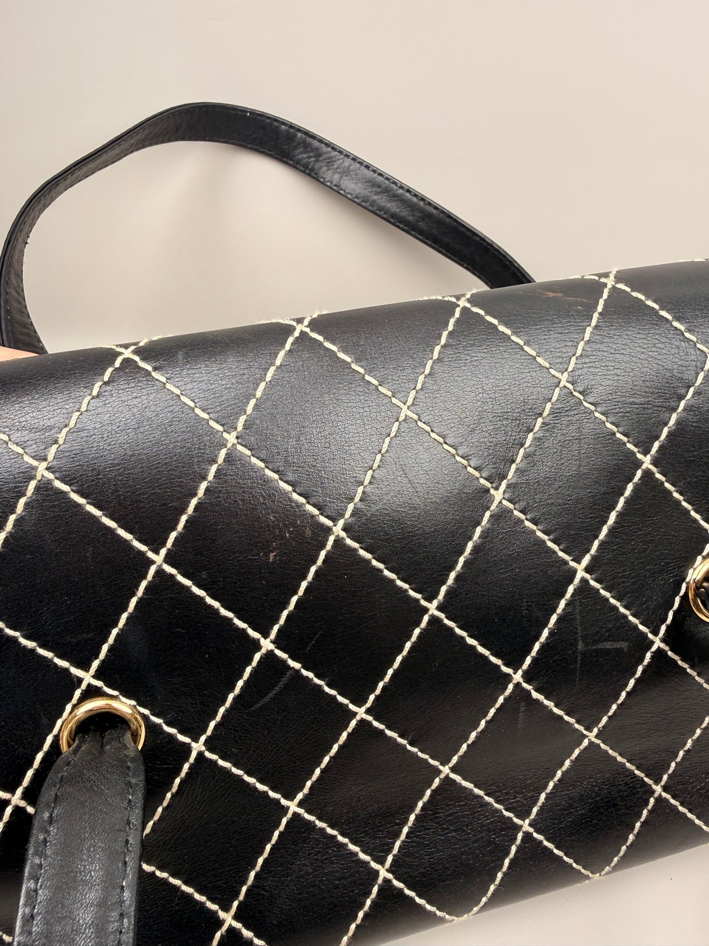 Black Quilted Calfskin Wild Stitch Surpique Flap Bag Vintage