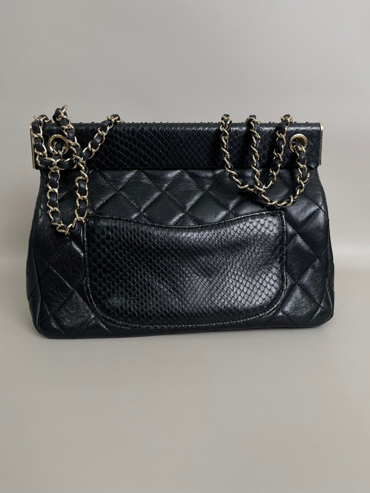 Chanel Black Lambskin  Snakeskin Leather Frame Medium Classic Single Flap Bag