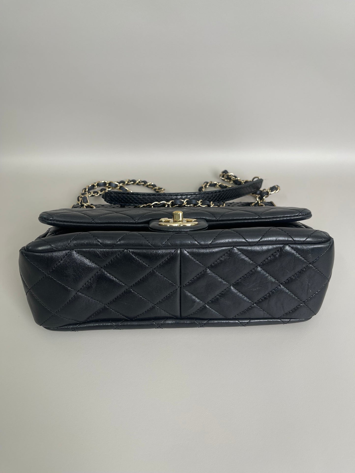 Chanel Black Lambskin  Snakeskin Leather Frame Medium Classic Single Flap Bag