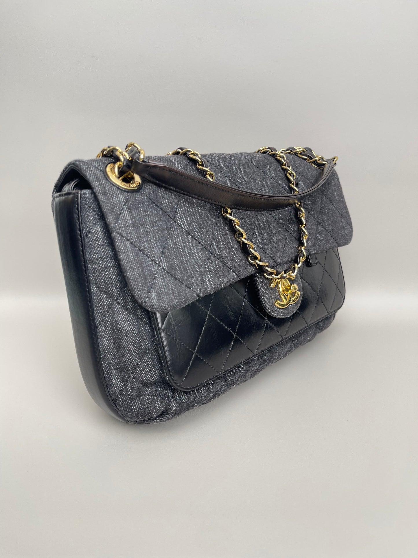 Chanel Front Pocket Flap Bag Quilted Denim with Calfskin Medium