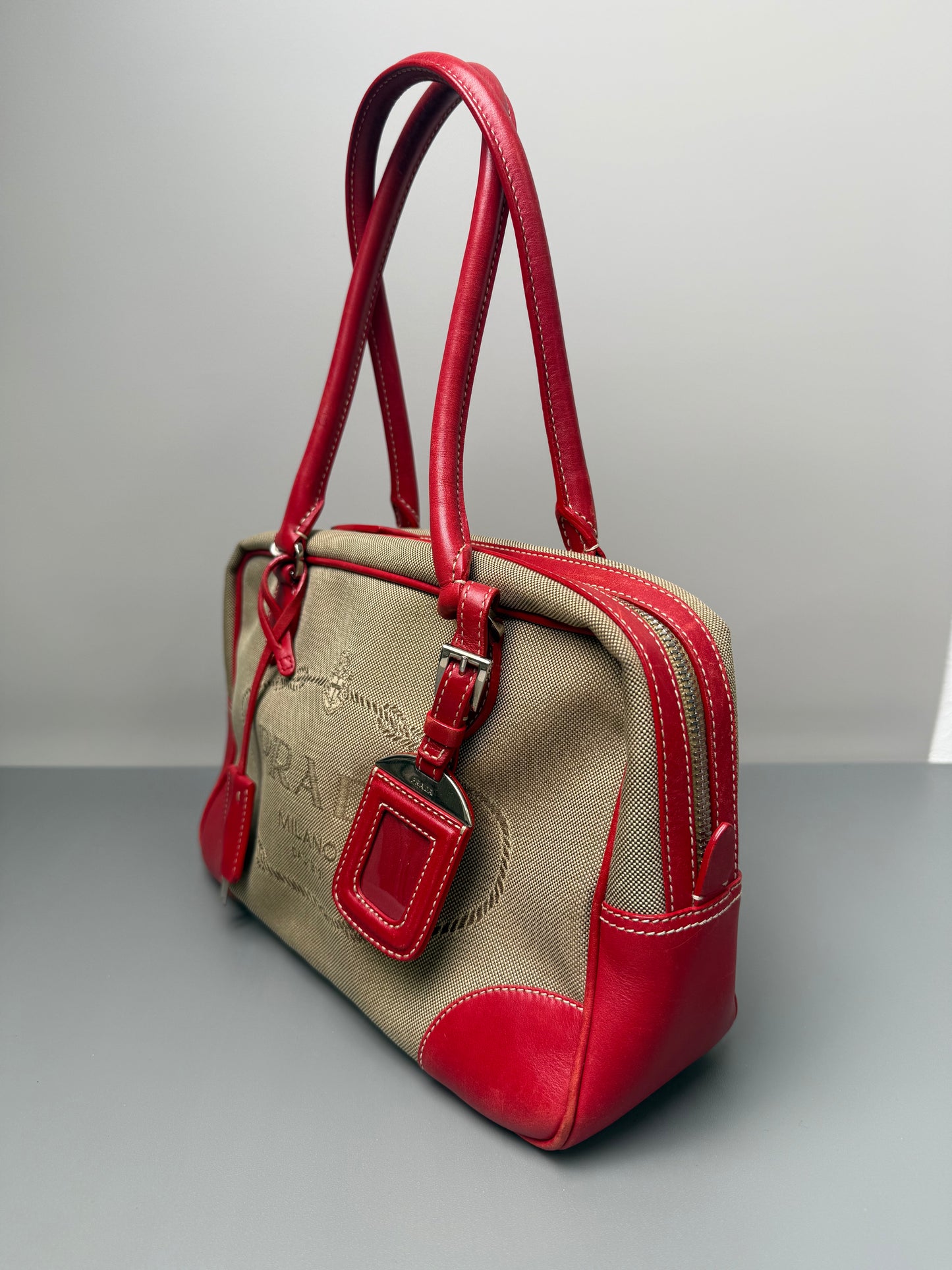 Prada Brown Canapa Logo Shoulder Bag Beige