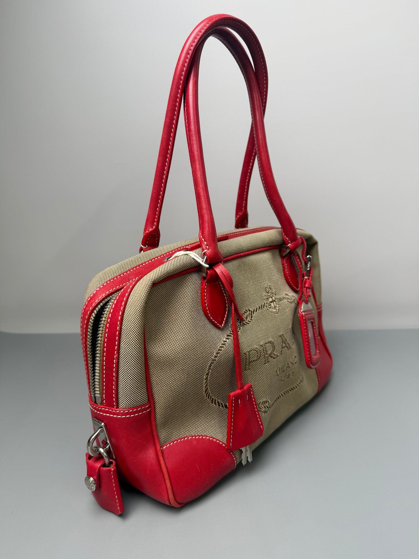 Prada Brown Canapa Logo Shoulder Bag Beige