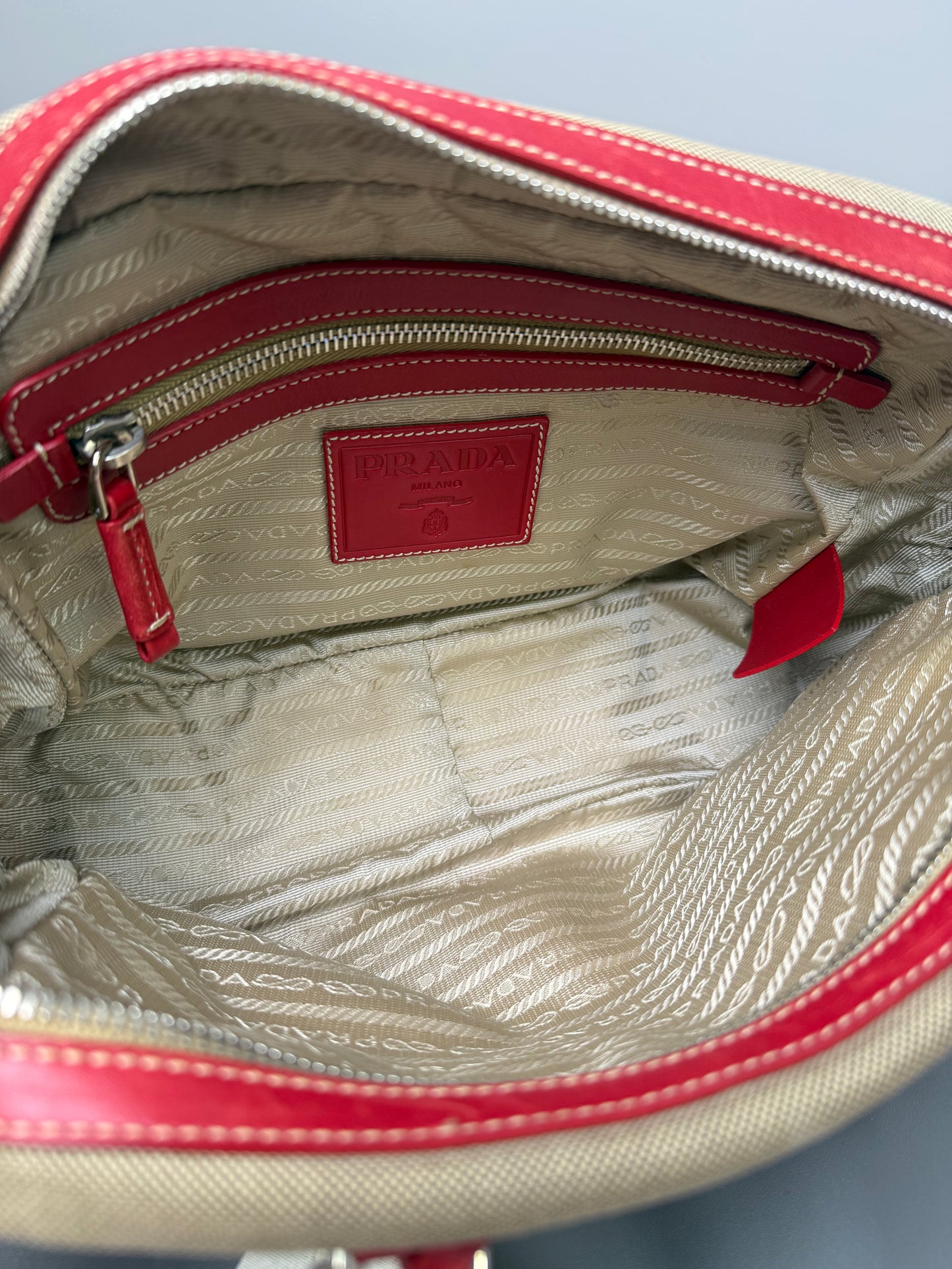 Prada Brown Canapa Logo Shoulder Bag Beige