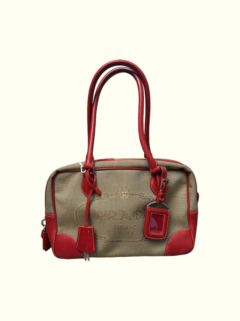 Prada Brown Canapa Logo Shoulder Bag Beige