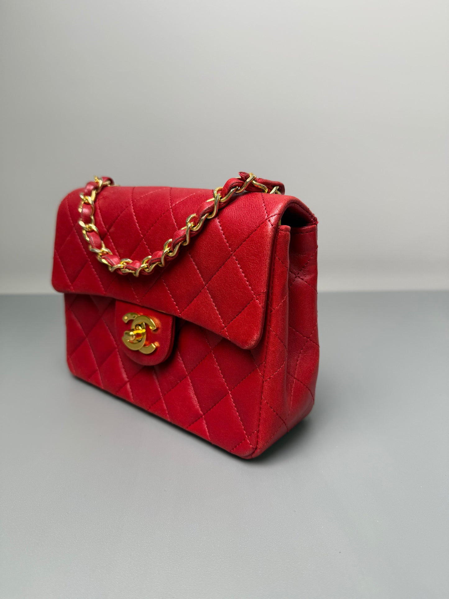 Vintage Chanel Mini Square Flap Red Lambskin Gold Hardware