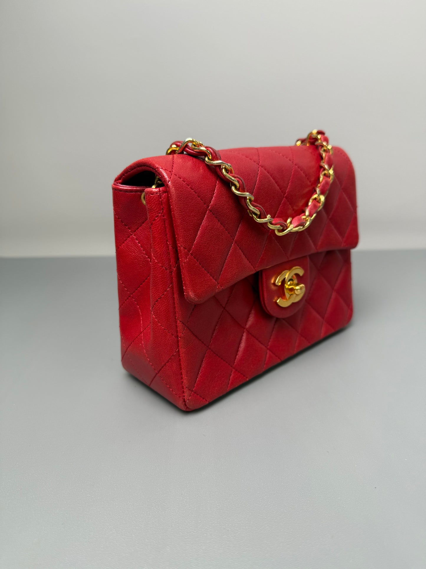 Vintage Chanel Mini Square Flap Red Lambskin Gold Hardware
