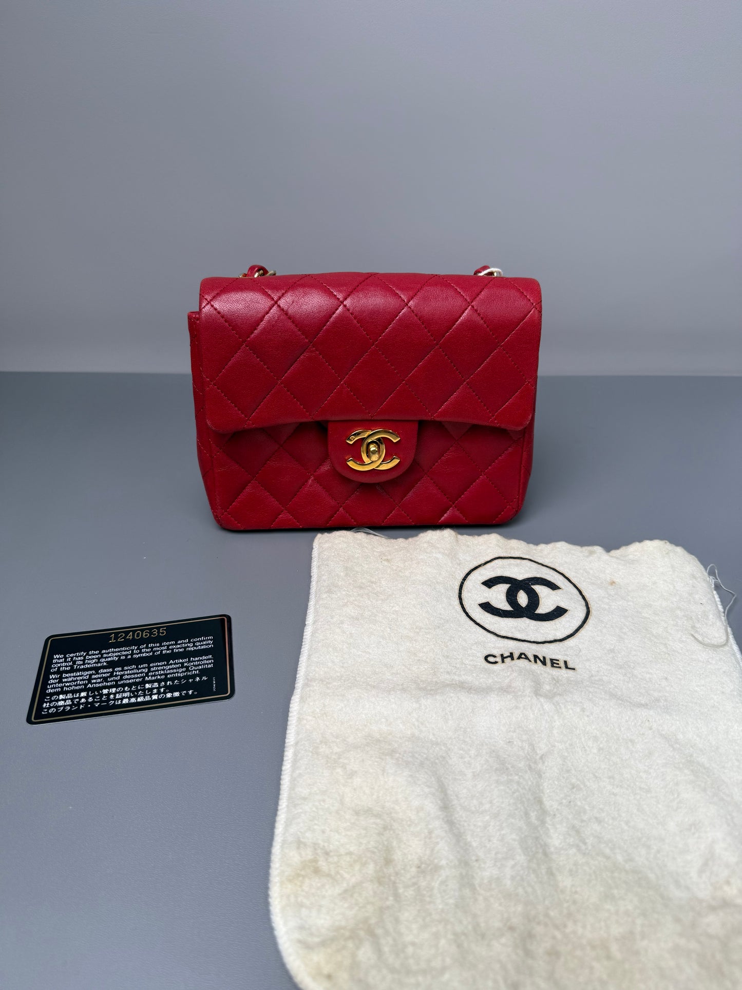 Vintage Chanel Mini Square Flap Red Lambskin Gold Hardware