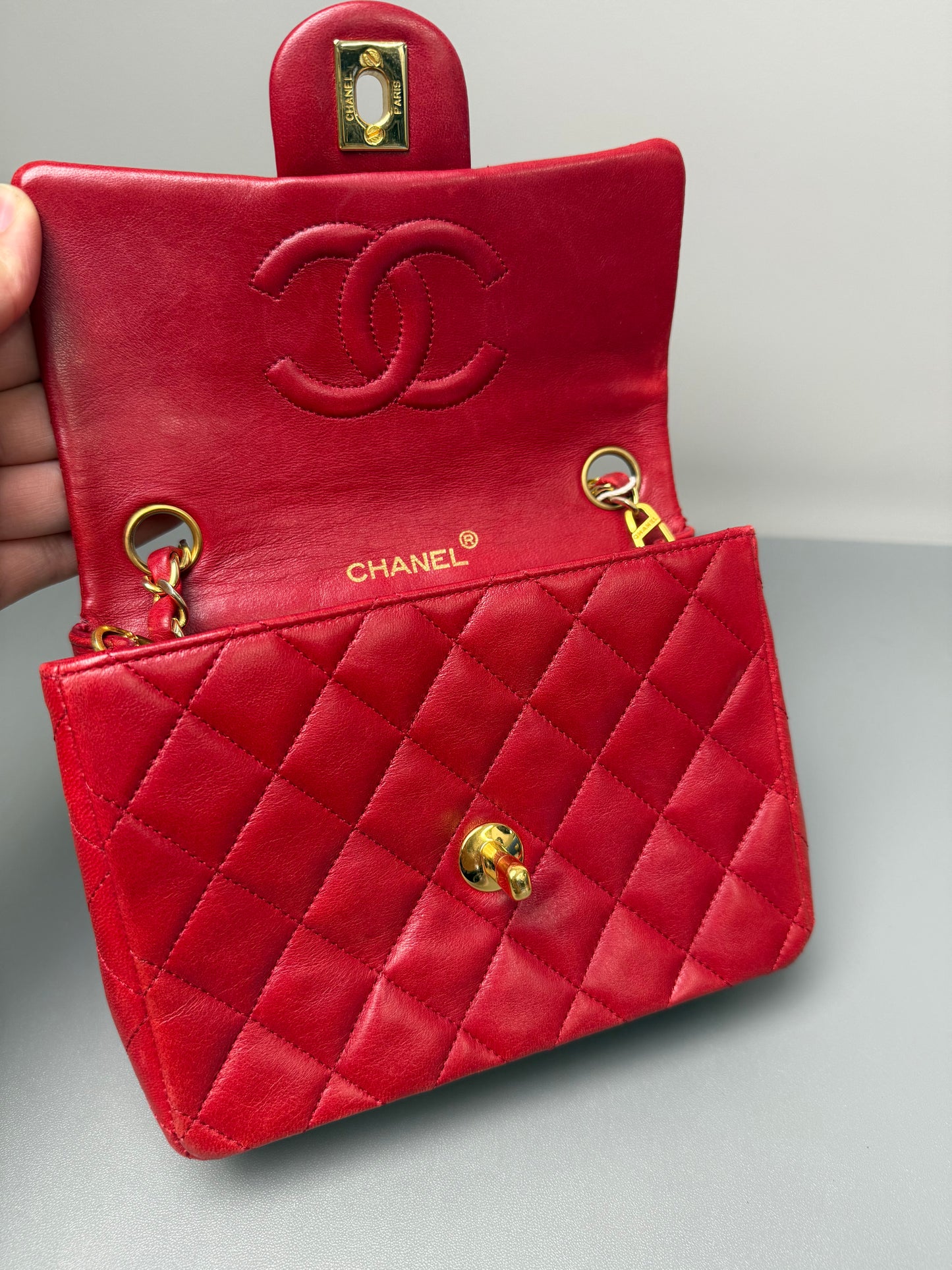 Vintage Chanel Mini Square Flap Red Lambskin Gold Hardware