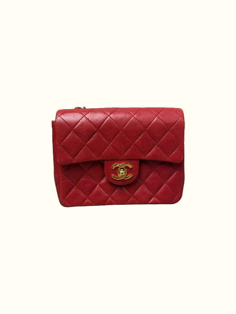 Vintage Chanel Mini Square Flap Red Lambskin Gold Hardware