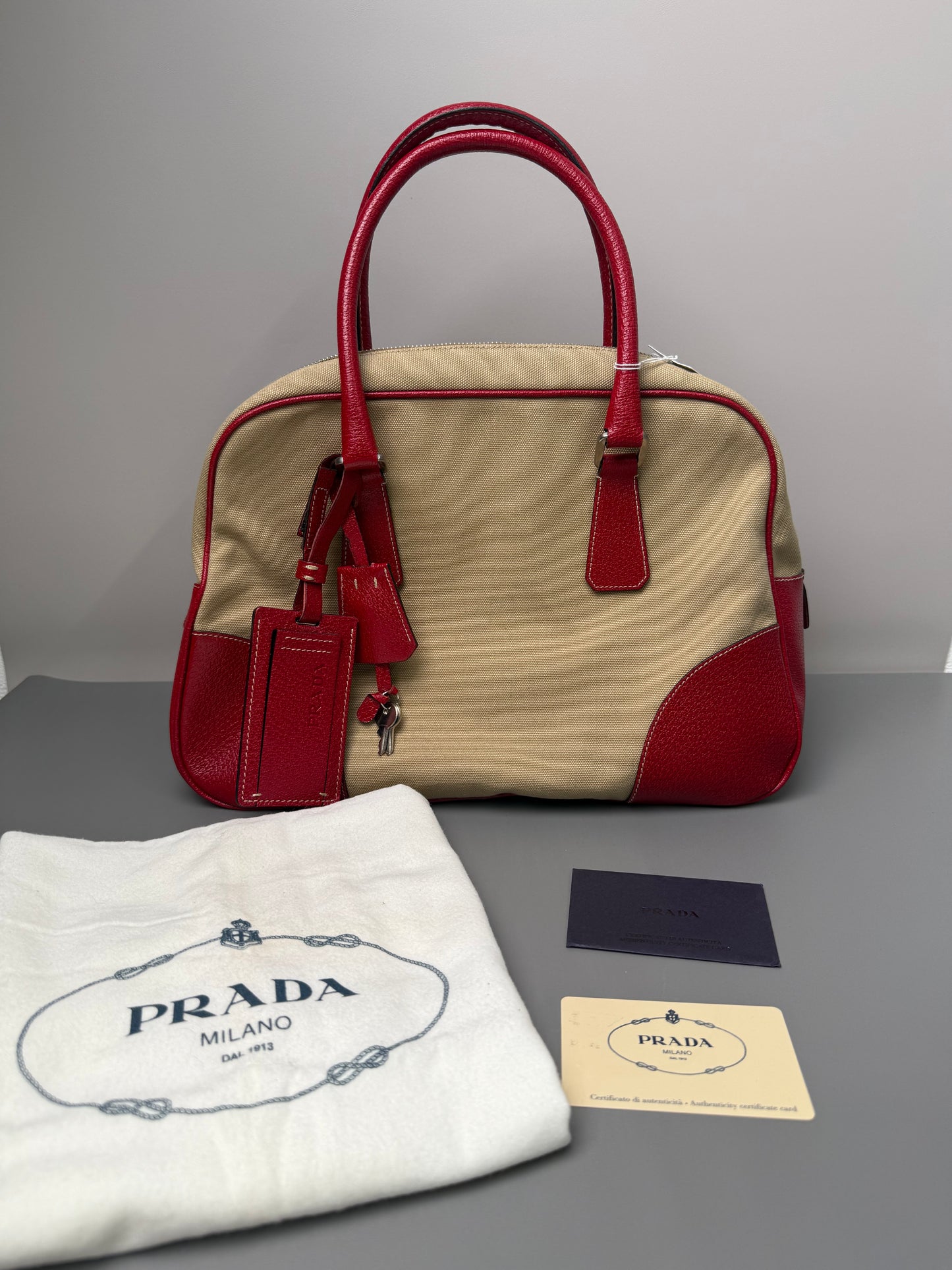 Prada Brown Canapa Bauletto Handbag Red Beige