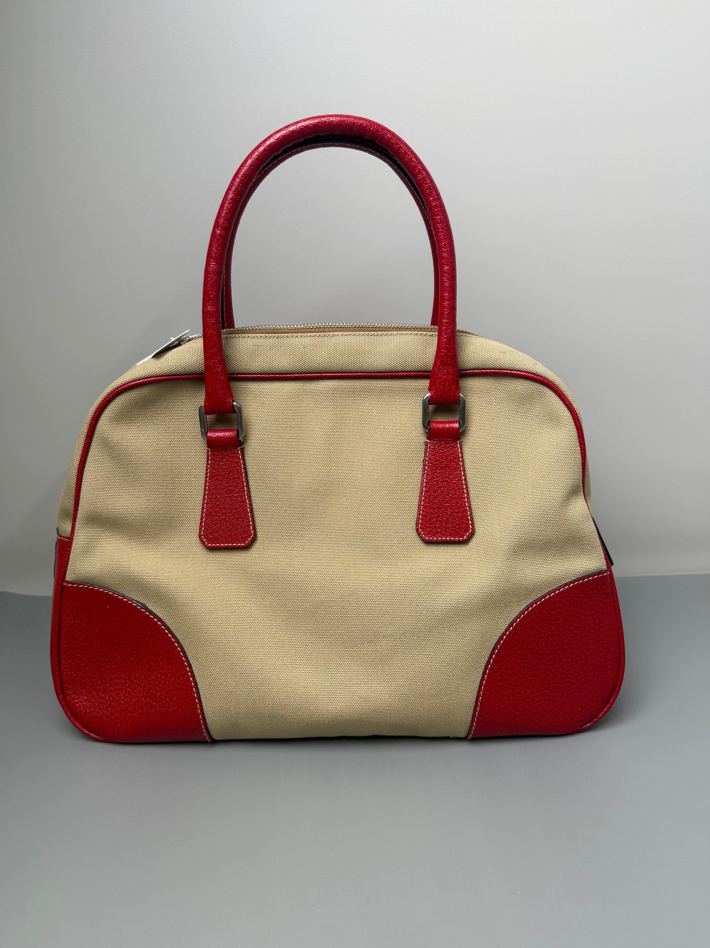 Prada Brown Canapa Bauletto Handbag Red Beige
