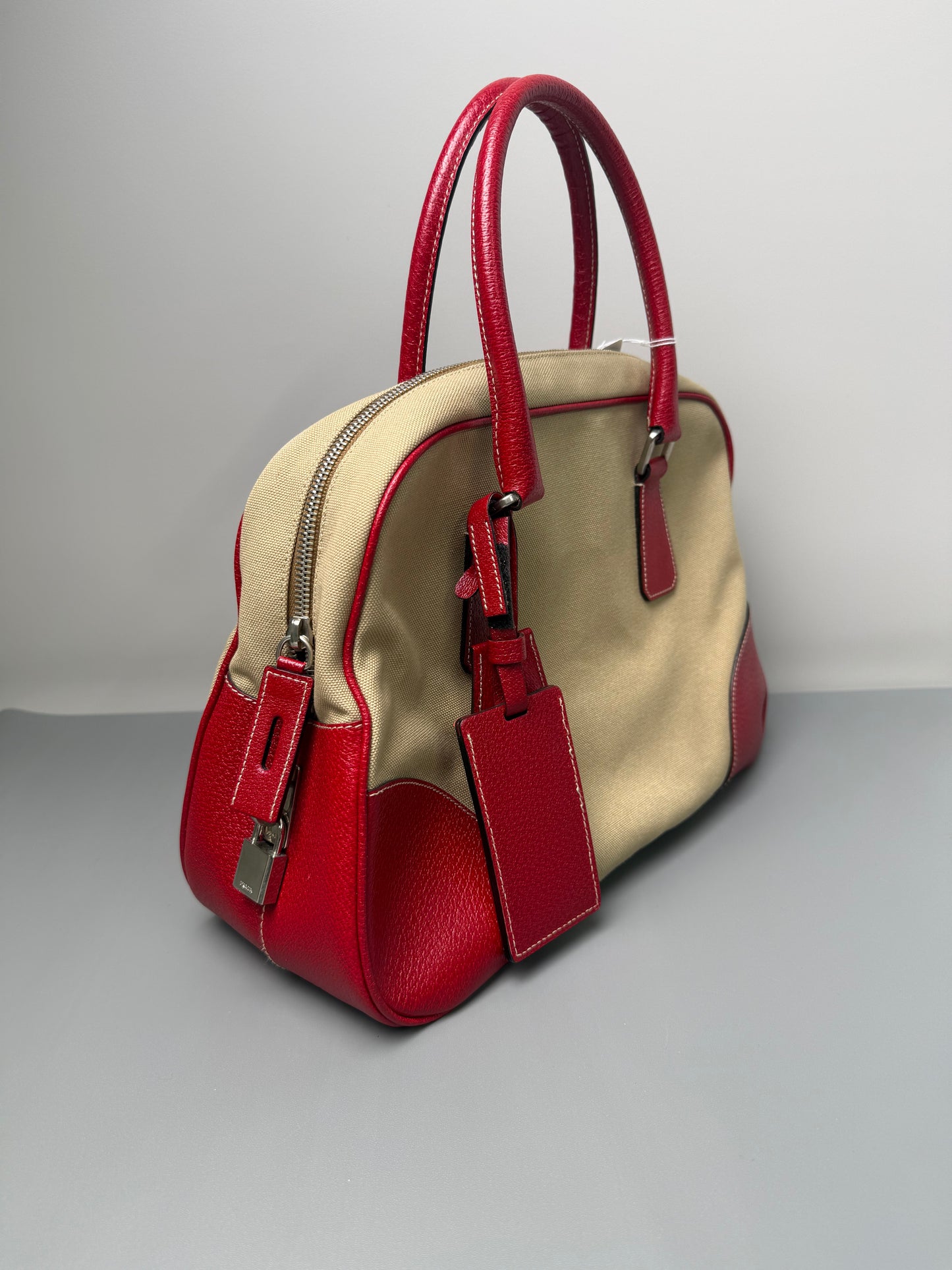 Prada Brown Canapa Bauletto Handbag Red Beige