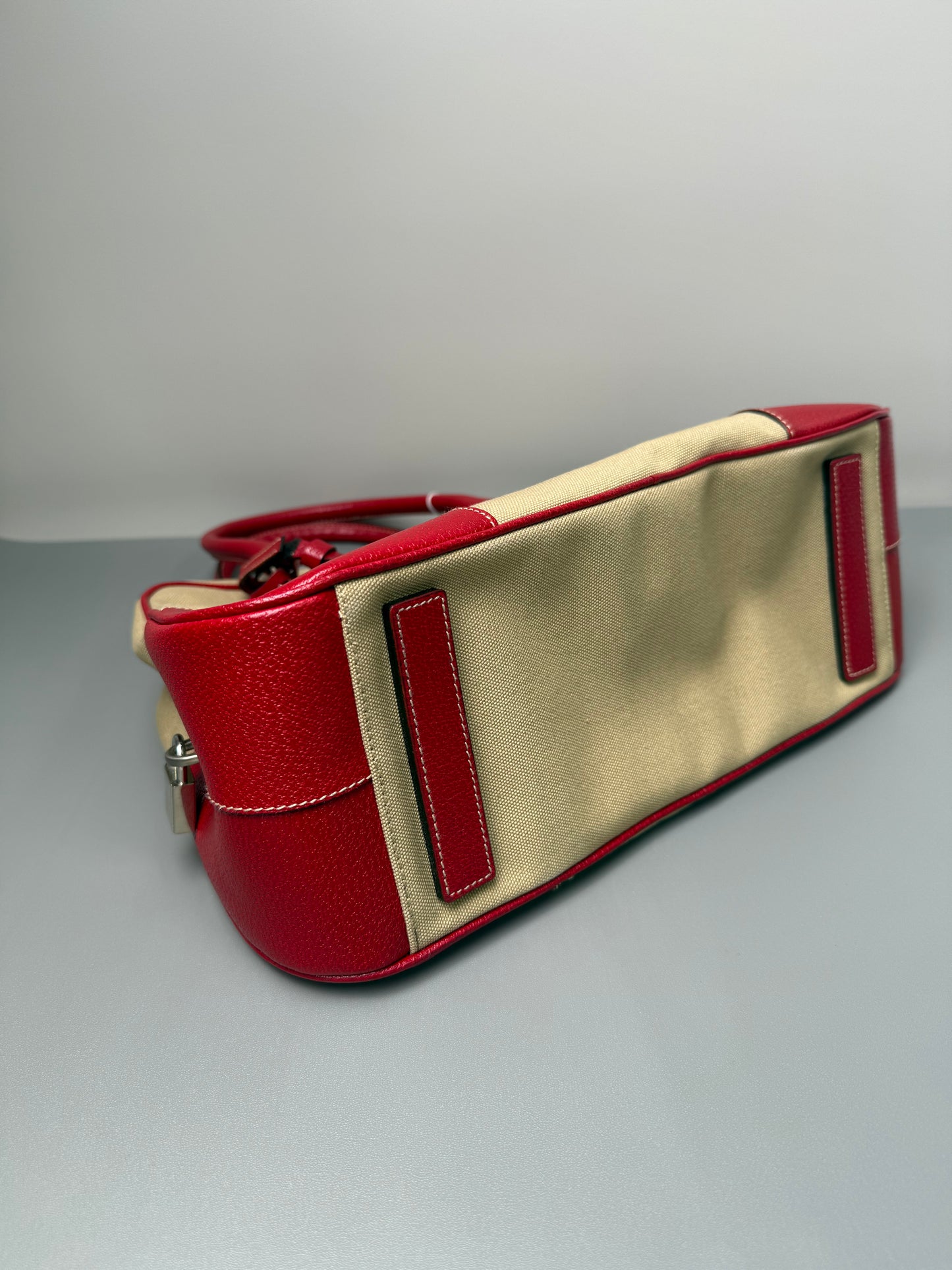 Prada Brown Canapa Bauletto Handbag Red Beige