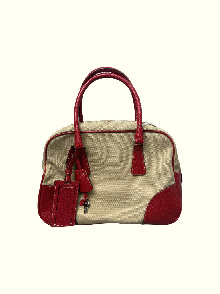 Prada Brown Canapa Bauletto Handbag Red Beige