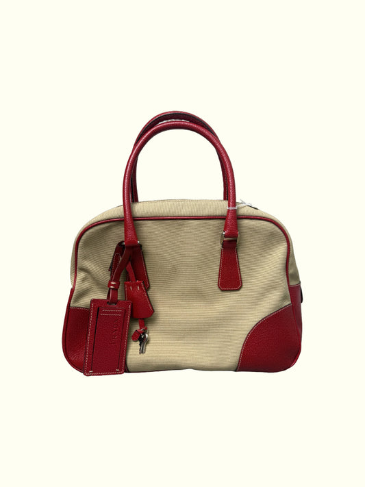 Prada Brown Canapa Bauletto Handbag Red Beige