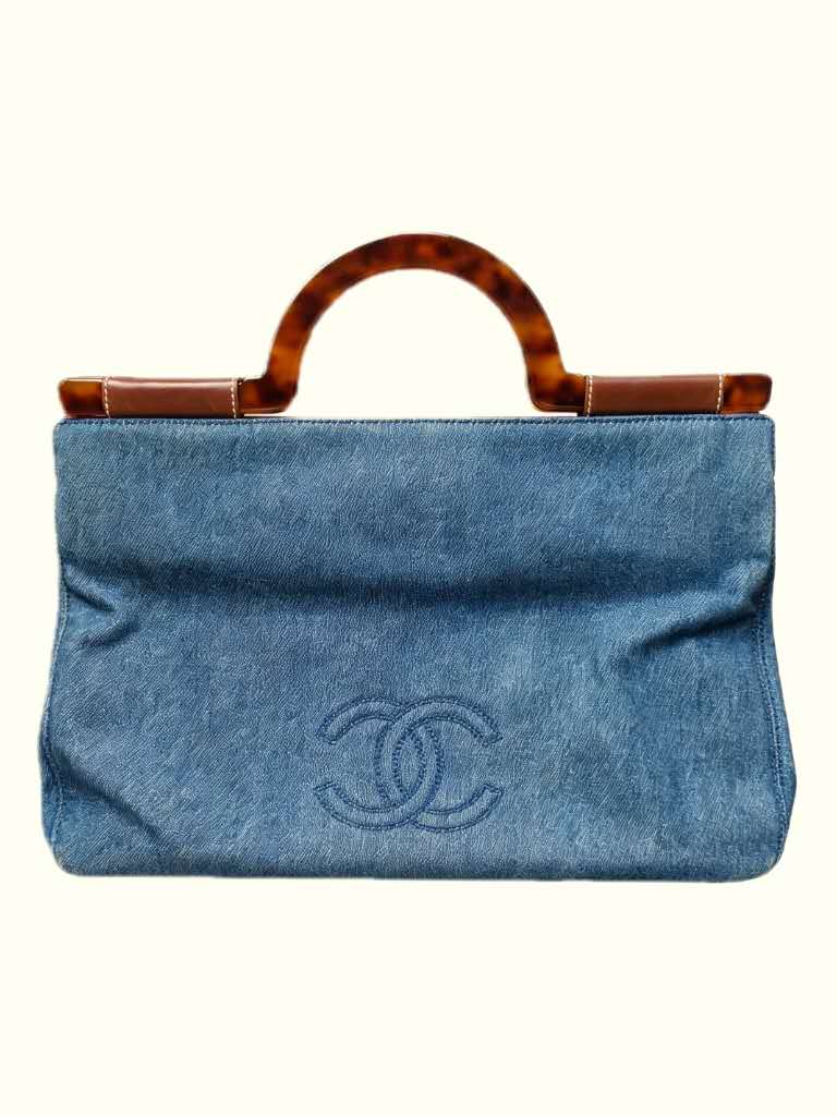 Chanel Vintage Blue Denim Tortoiseshell Tote Bag