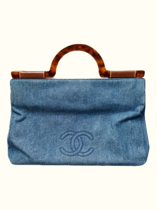 Chanel Vintage Blue Denim Tortoiseshell Tote Bag