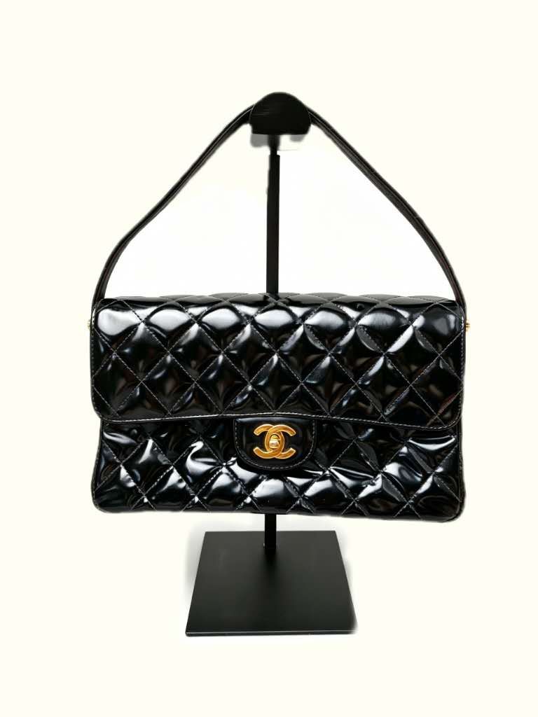 Chanel Black Patent Quilted Top Handle Flap Bag