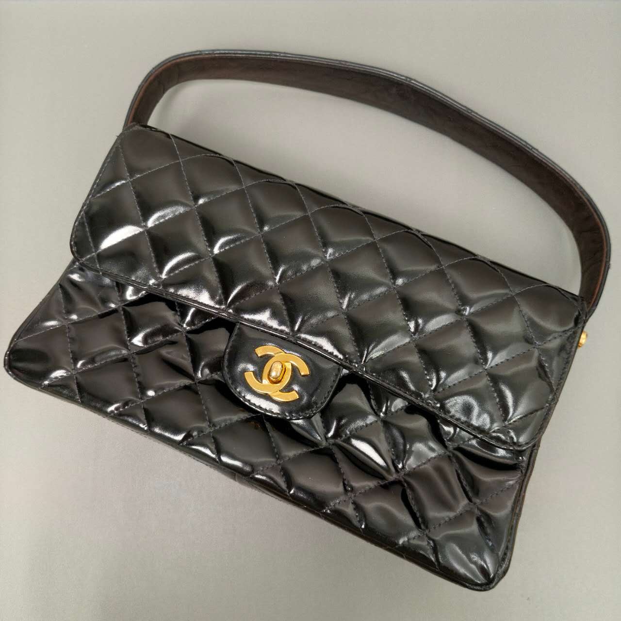 Chanel Black Patent Quilted Top Handle Flap Bag
