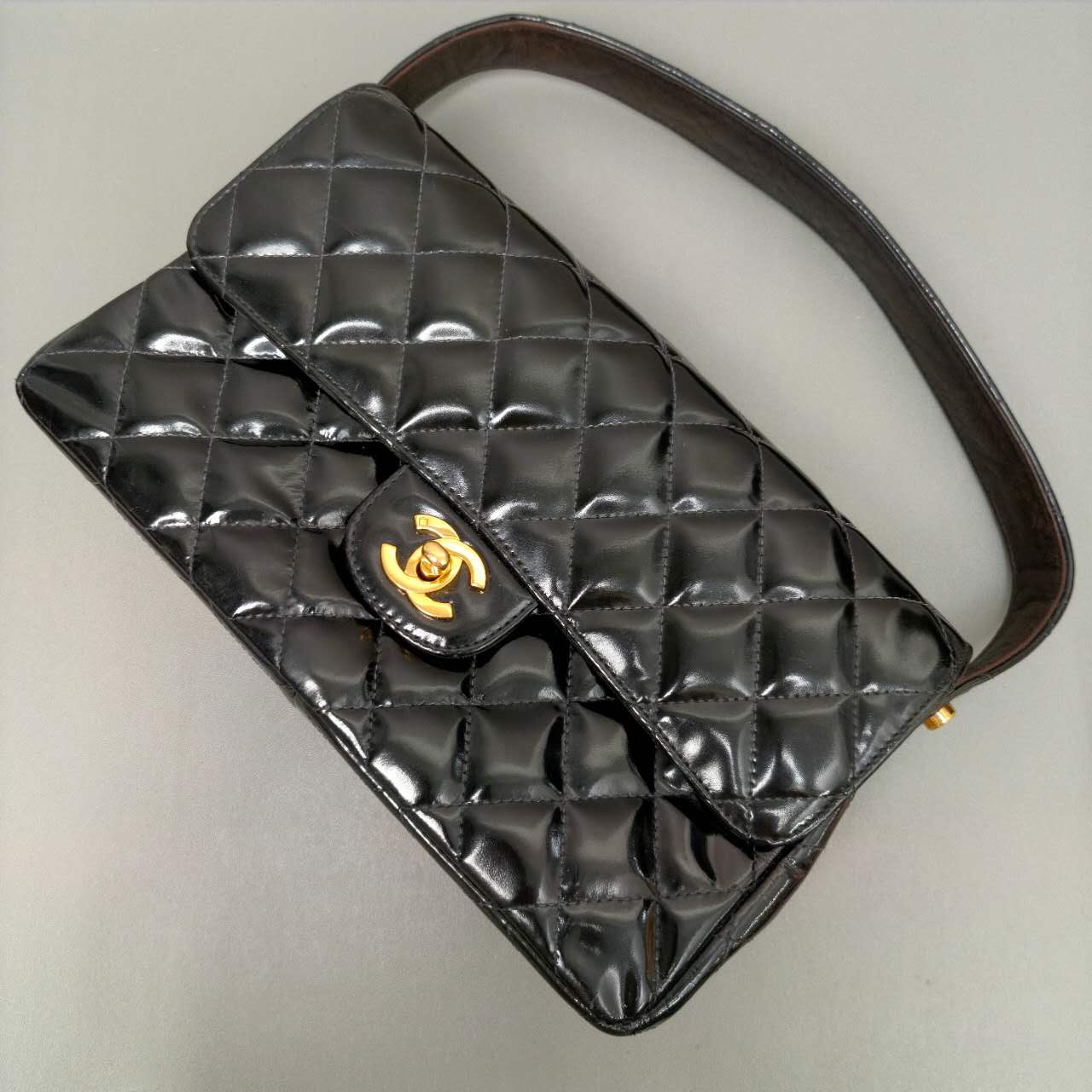 Chanel Black Patent Quilted Top Handle Flap Bag