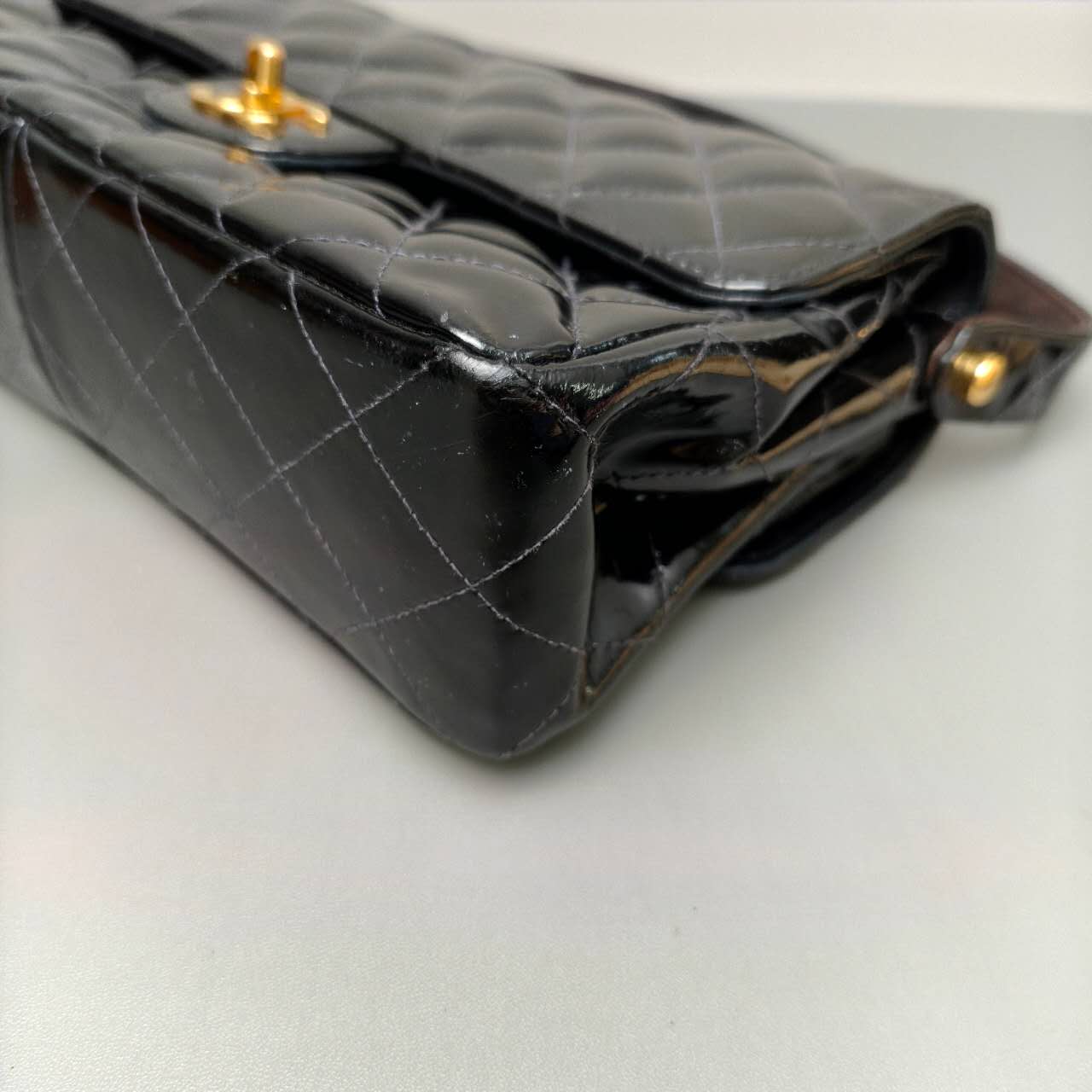 Chanel Black Patent Quilted Top Handle Flap Bag