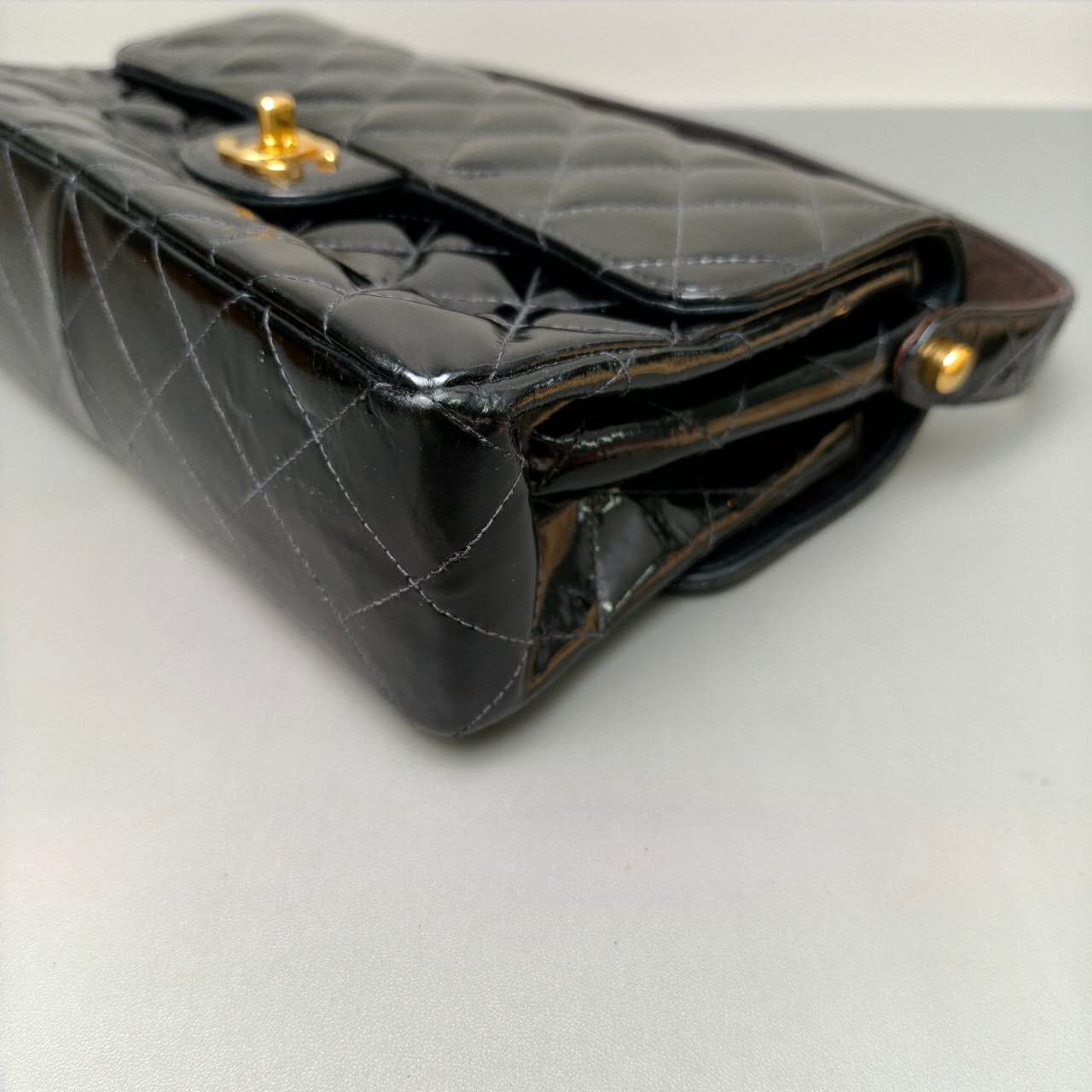 Chanel Black Patent Quilted Top Handle Flap Bag