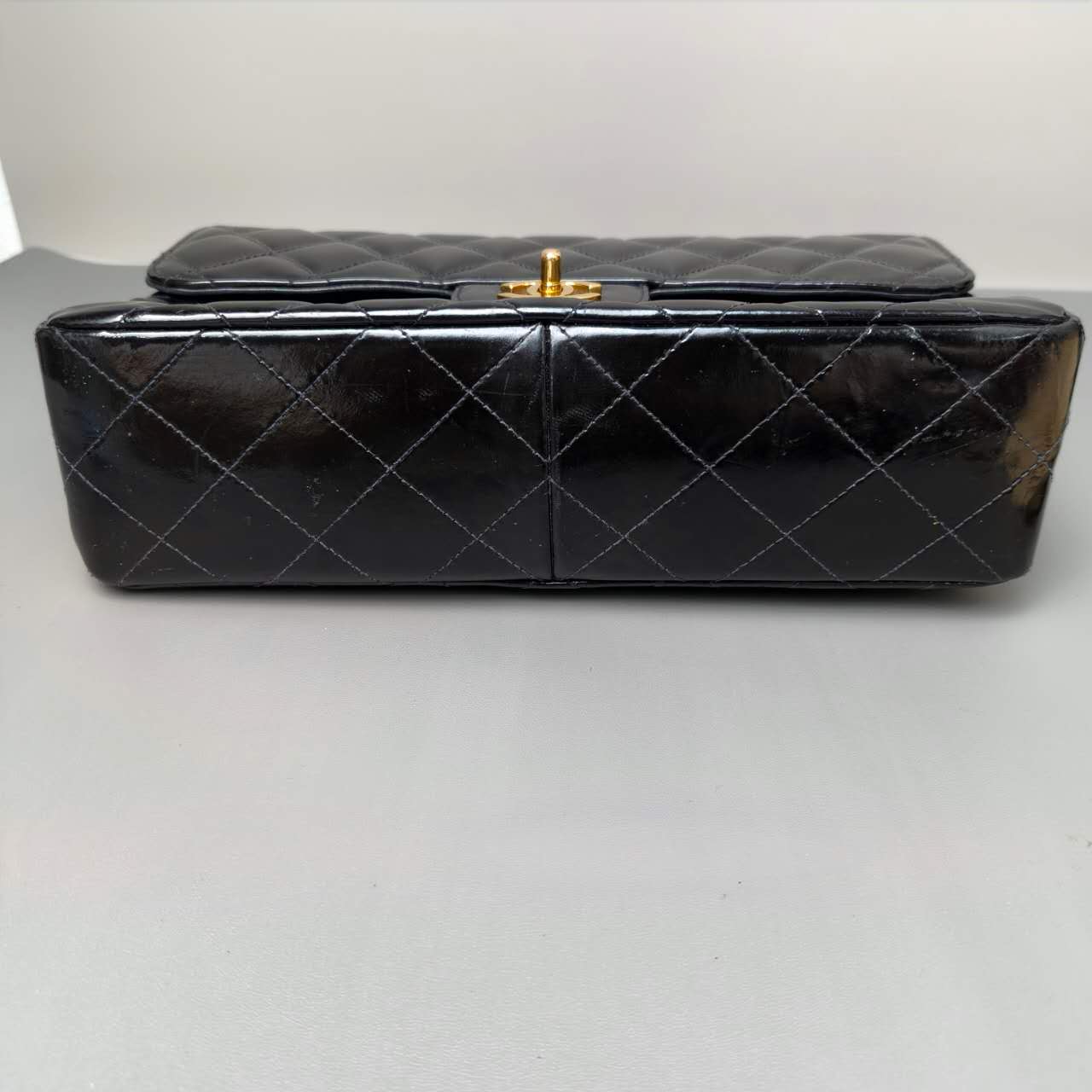 Chanel Black Patent Quilted Top Handle Flap Bag