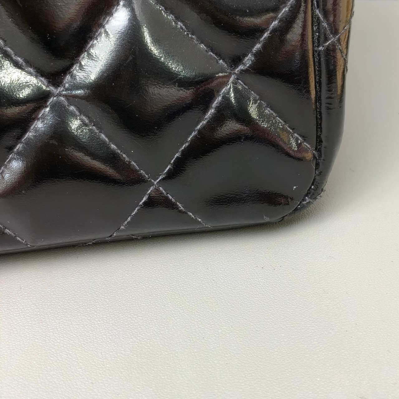Chanel Black Patent Quilted Top Handle Flap Bag