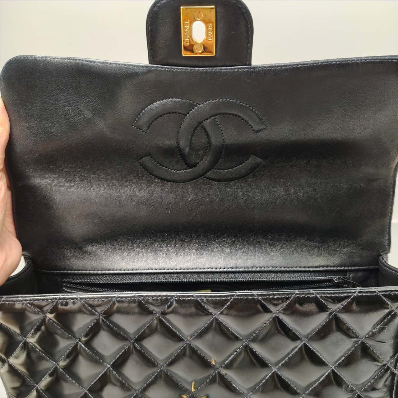 Chanel Quilted Patent Leather Top-Handle Flap Bag